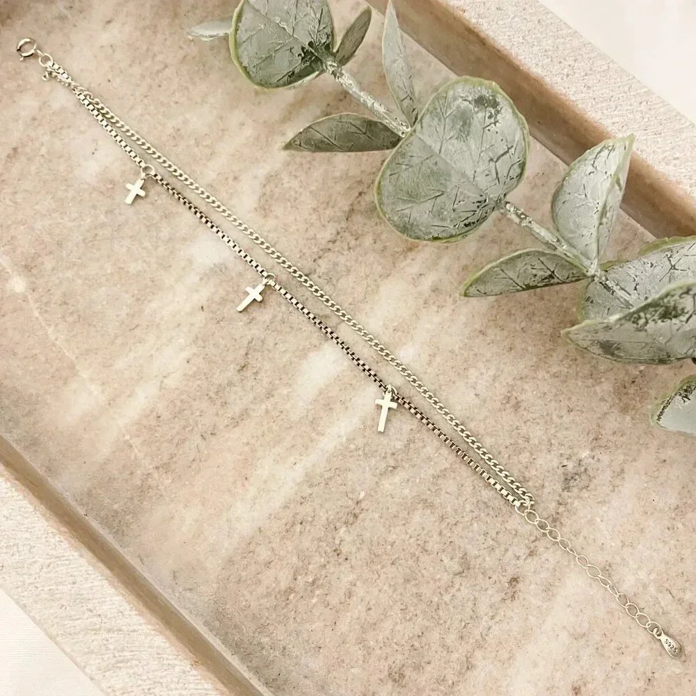 925 Sterling Silver Dainty Box Chain Bracelet Thin Dangle Cross Charm Bracelet